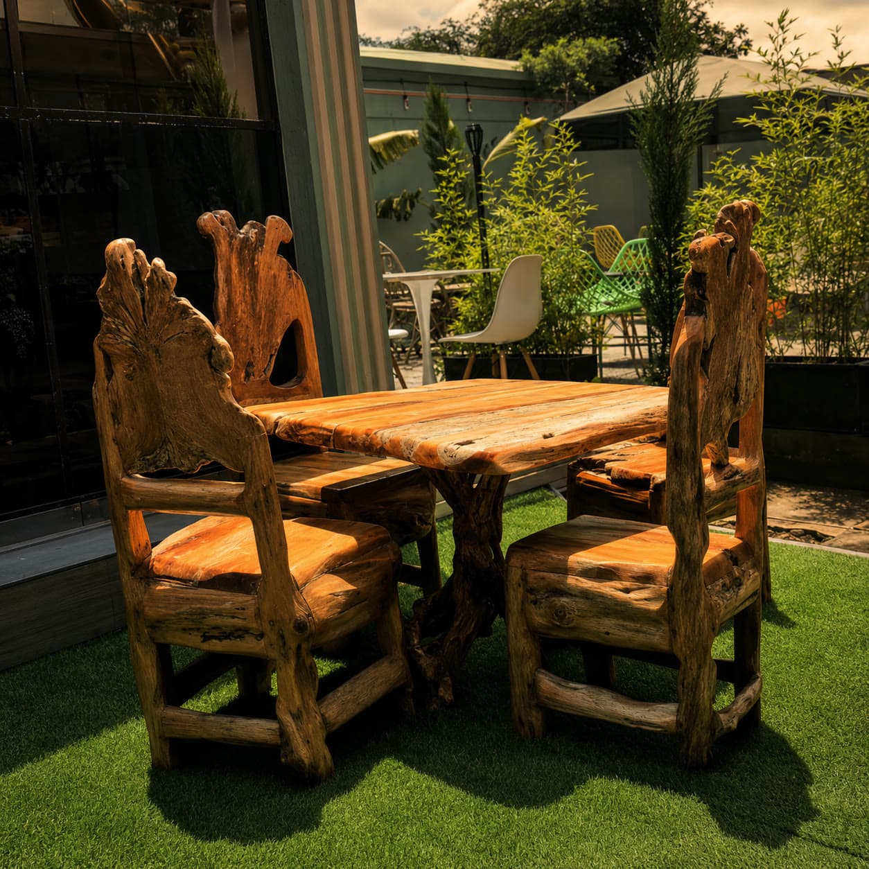 Carved wooden garden seating at Micaphonia